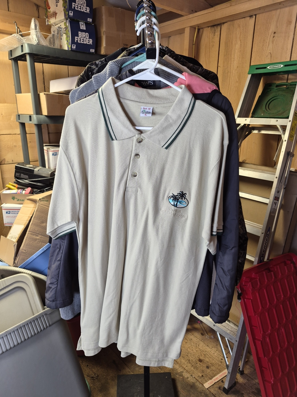 Men's Beige Polo with Contrast Trim and Palm Embroidery Bin 60